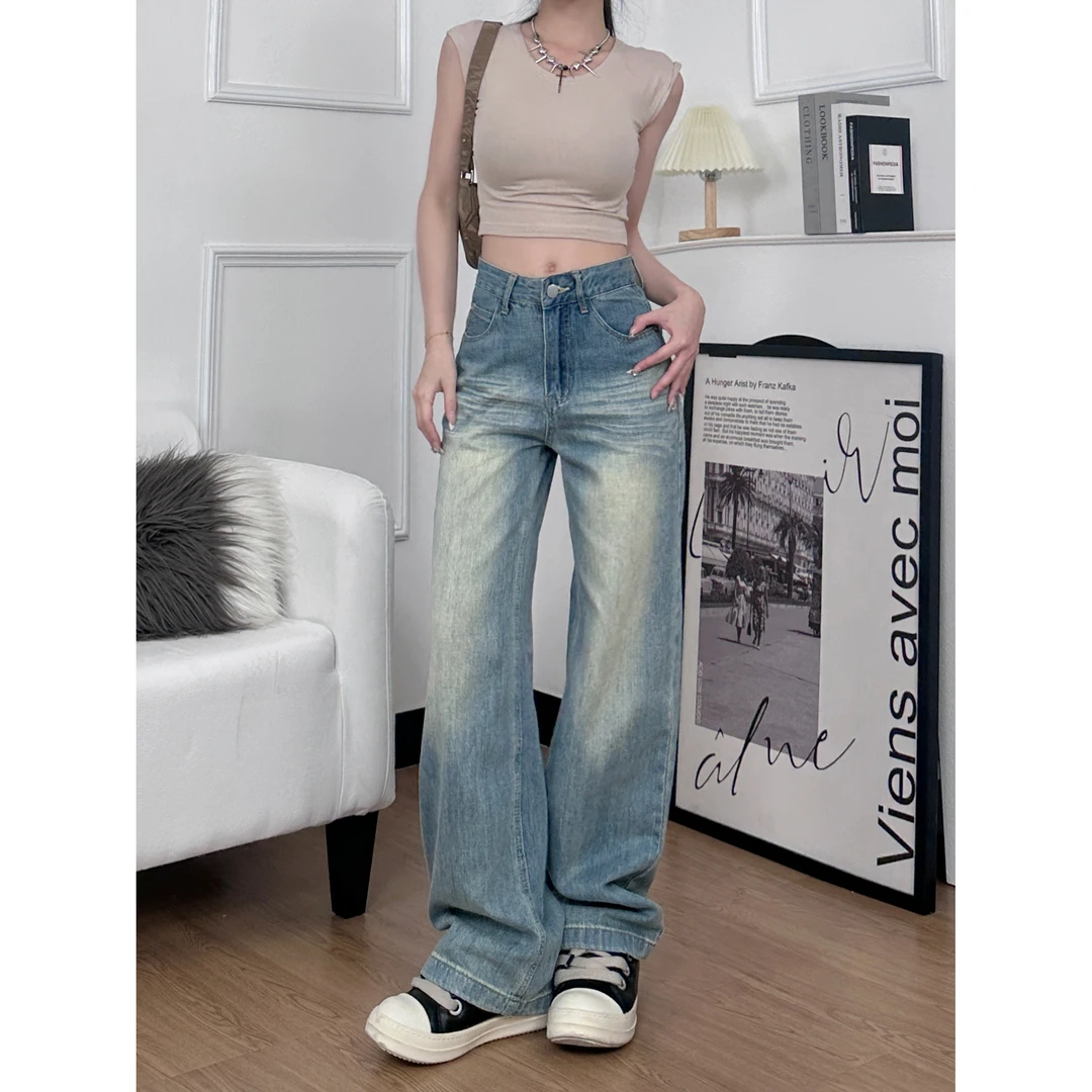 美式复古阔腿牛仔裤女夏季新款水洗高腰宽松显瘦垂感直筒拖地裤子