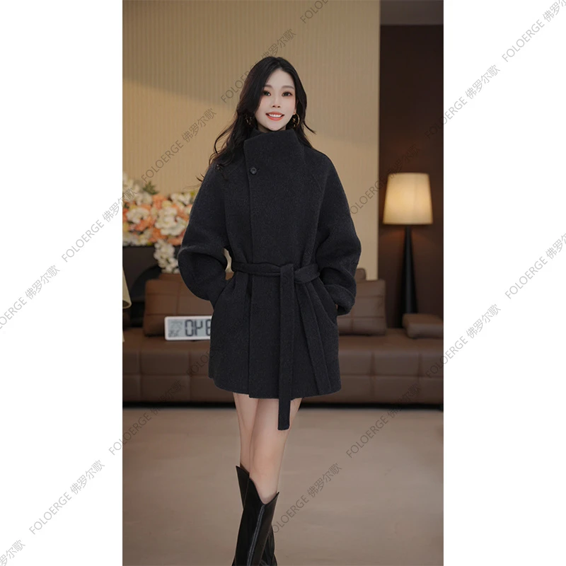 果子高级设计感大翻领短款气质小个子慵懒风双面绵羊毛大衣