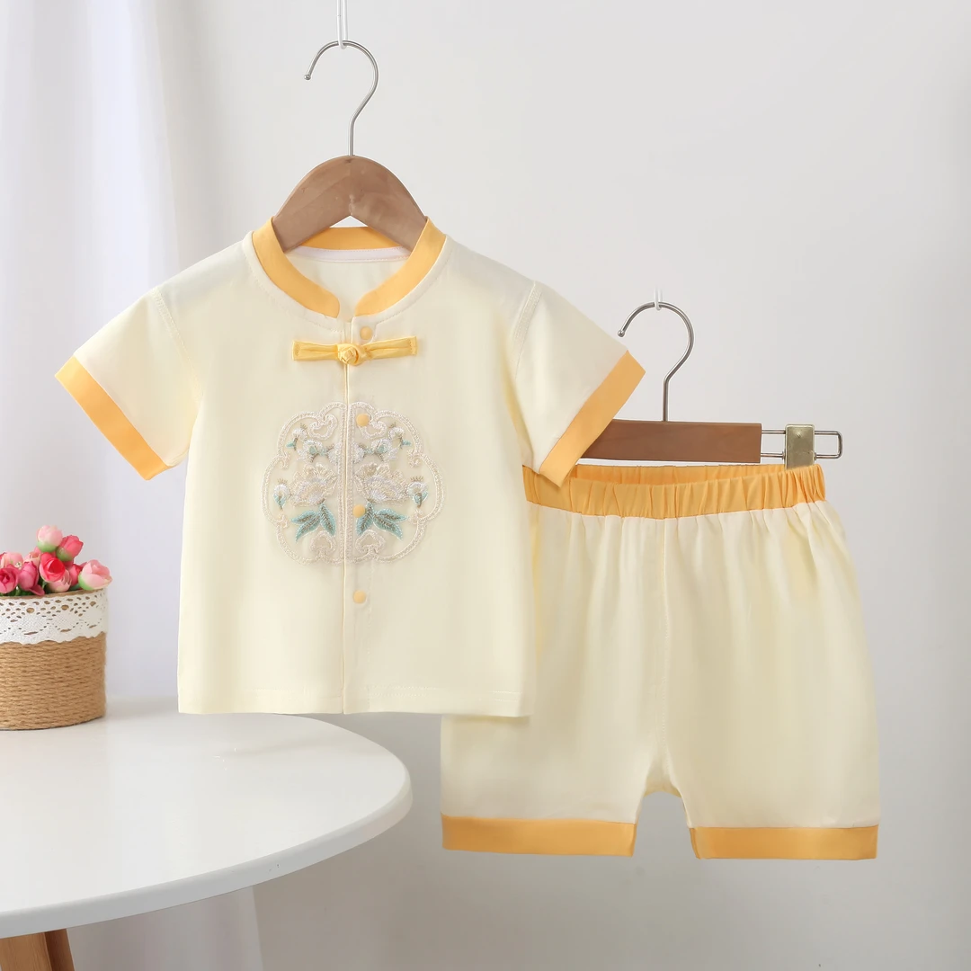 婴儿夏季短袖套装男女宝宝新中式短袖T桖短裤轻薄款中国风两件套