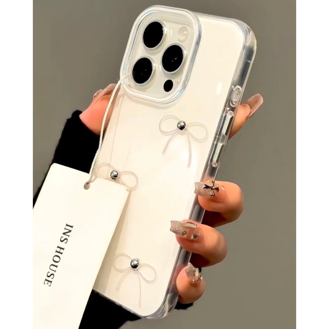 欧克里里INS蝴蝶结银色珍珠适用苹果16双层手机壳华为P70vivo小米