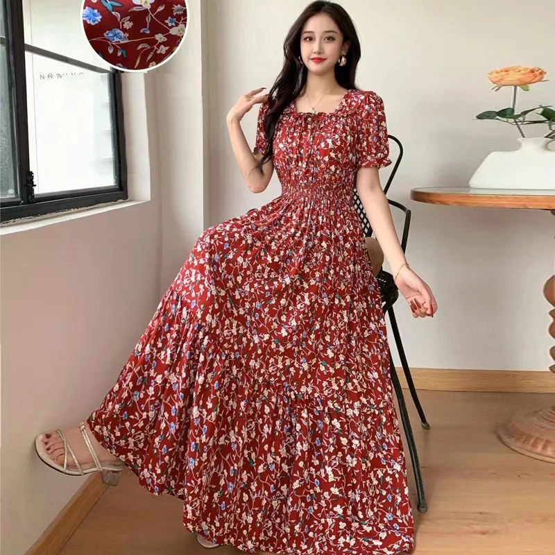 超仙棉绸碎花连衣裙夏季新款清新外穿长裙收腰显瘦度假沙滩大摆裙