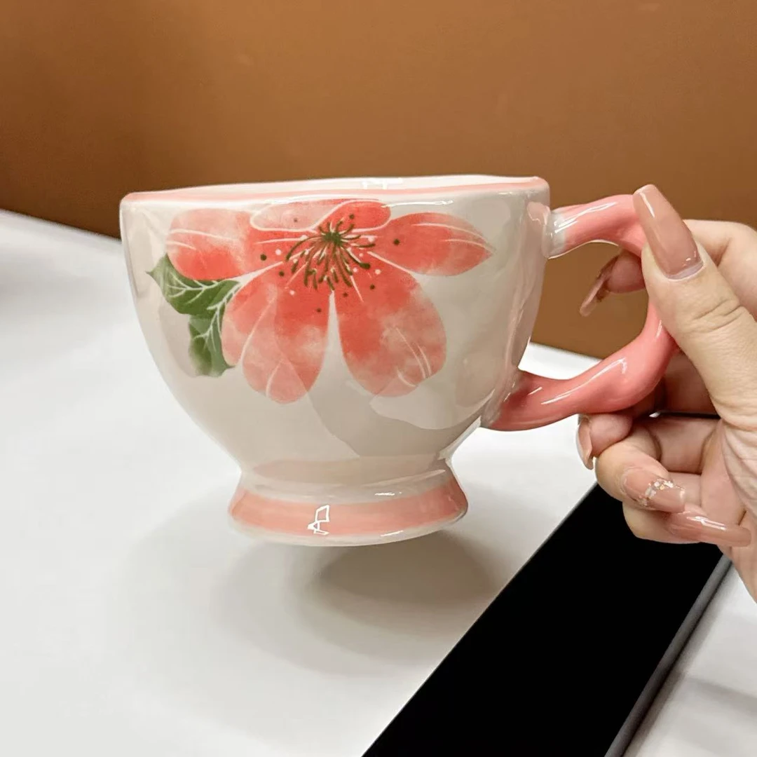 【花朵麻花杯】创意重工粉色黄色花朵早餐杯手柄杯1个装