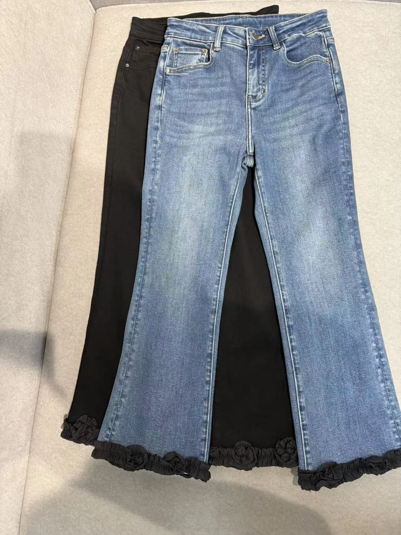 深圳南油双色复古显瘦炸街甜酷拼接花边喇叭牛仔裤30886