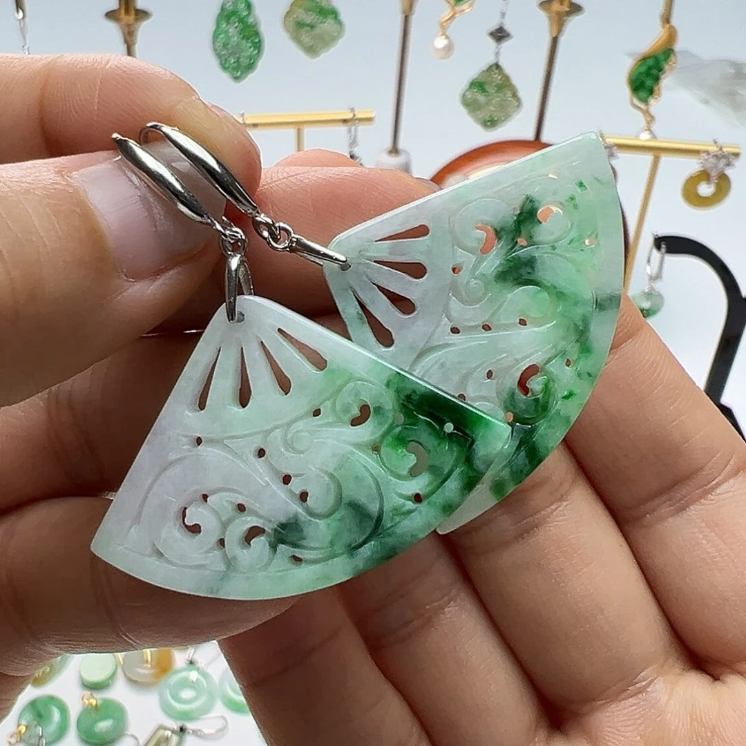 翡翠银S925镶嵌耳饰天然缅甸A货翡翠