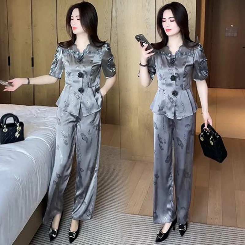 时尚套装女2025夏季新款洋气显瘦短袖上衣阔腿裤休闲减龄两件套潮