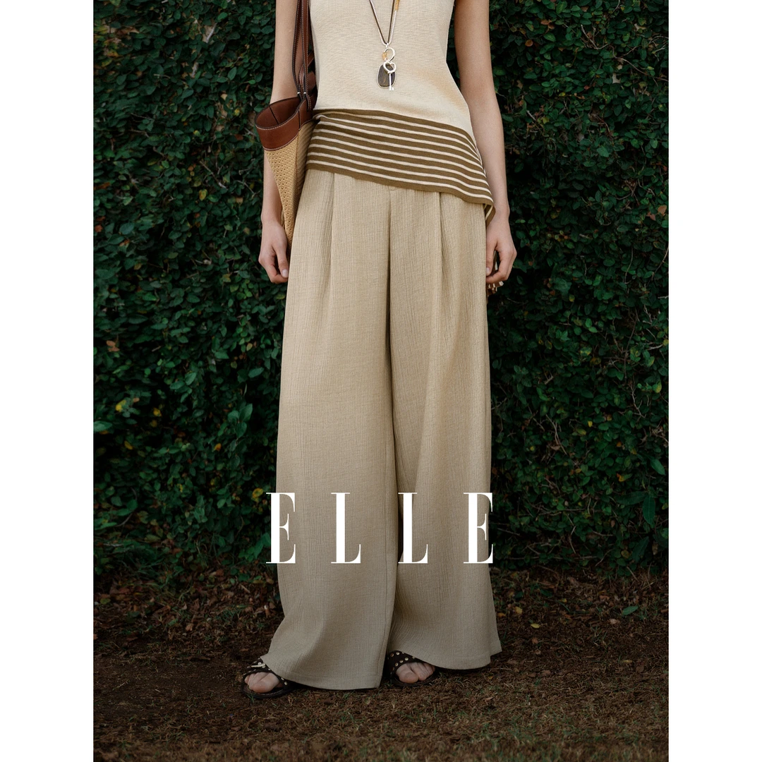 ELLE卡其色高腰休闲裤女2025春季新款垂坠感小个子阔腿裤EK50891