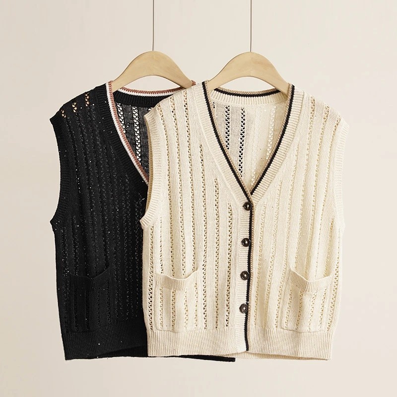 意大利外贸订单100%天然亚麻老钱风无袖V领女士针织上衣（250833）