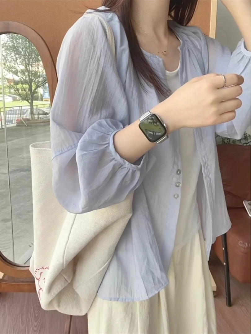 大码胖mm圆领蓝色衬衫女夏季薄款小开衫外搭冰丝亚麻防晒衬衣上衣