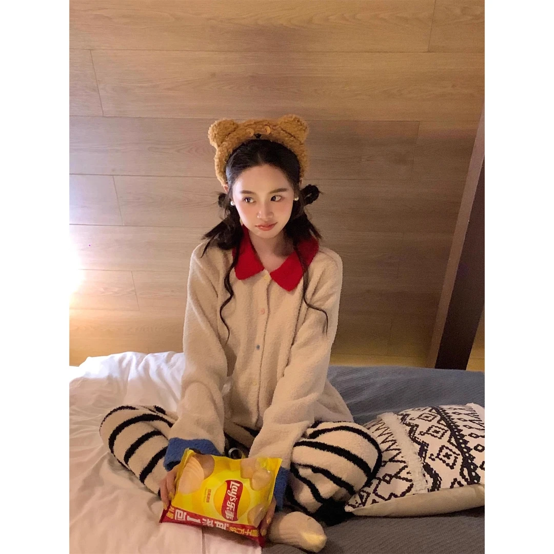 韩版少女撞色半边绒睡衣女冬季2025加厚保暖条纹长裤家居服两件套