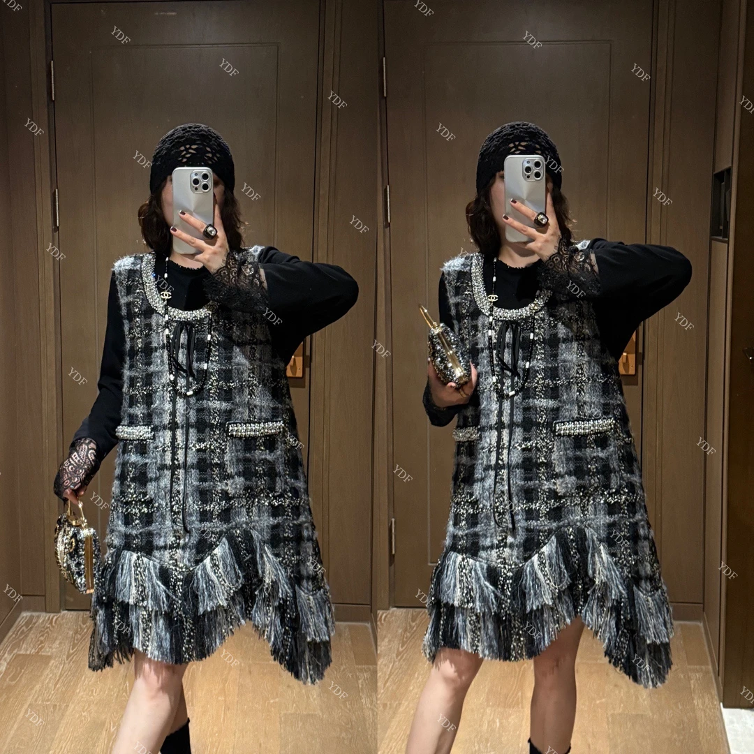 YDFSTUDIO小众【小香名媛】欧货早秋重工流苏拼接珠条设计背心裙