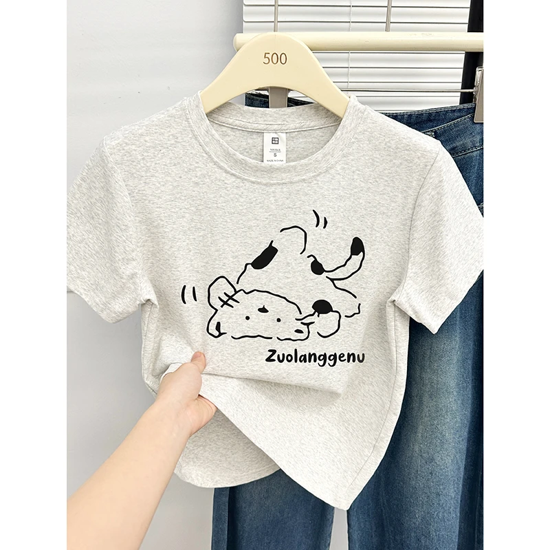 2025夏季新款灰色圆领短袖正肩上衣韩版通勤百搭洋气时髦t恤女