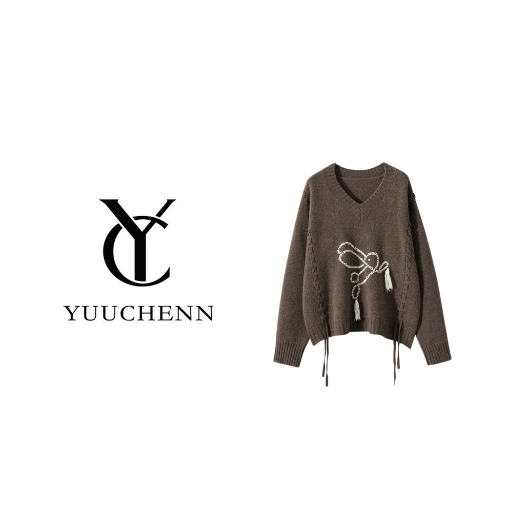 YUUCHENN羊绒手绣兔子V领廓版8177