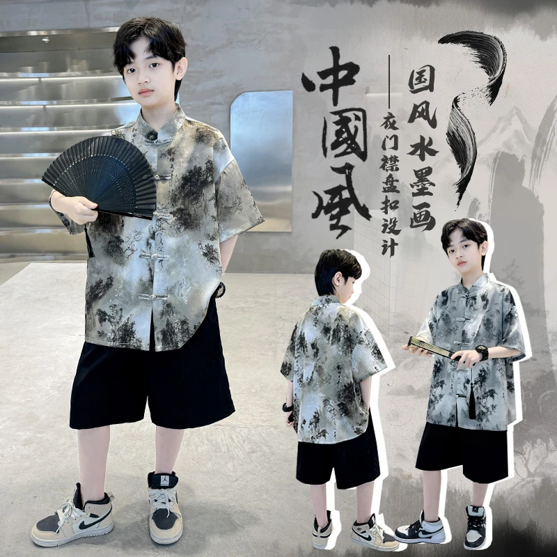 男童夏季山水画盘扣新国风短袖套装中国风童装薄款男童套装