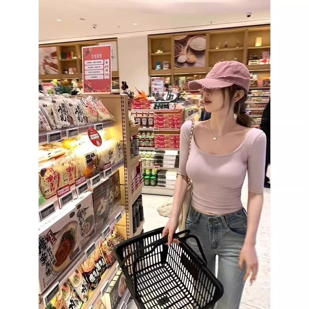 淡紫美神~纯欲淡紫低领短袖T恤女辣妹性感修身显瘦短款打底衫上衣