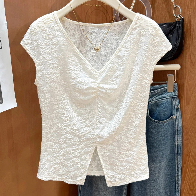 法式高档提花蕾丝无袖小衫女夏季小众褶皱V领上衣下摆开叉坎肩T恤