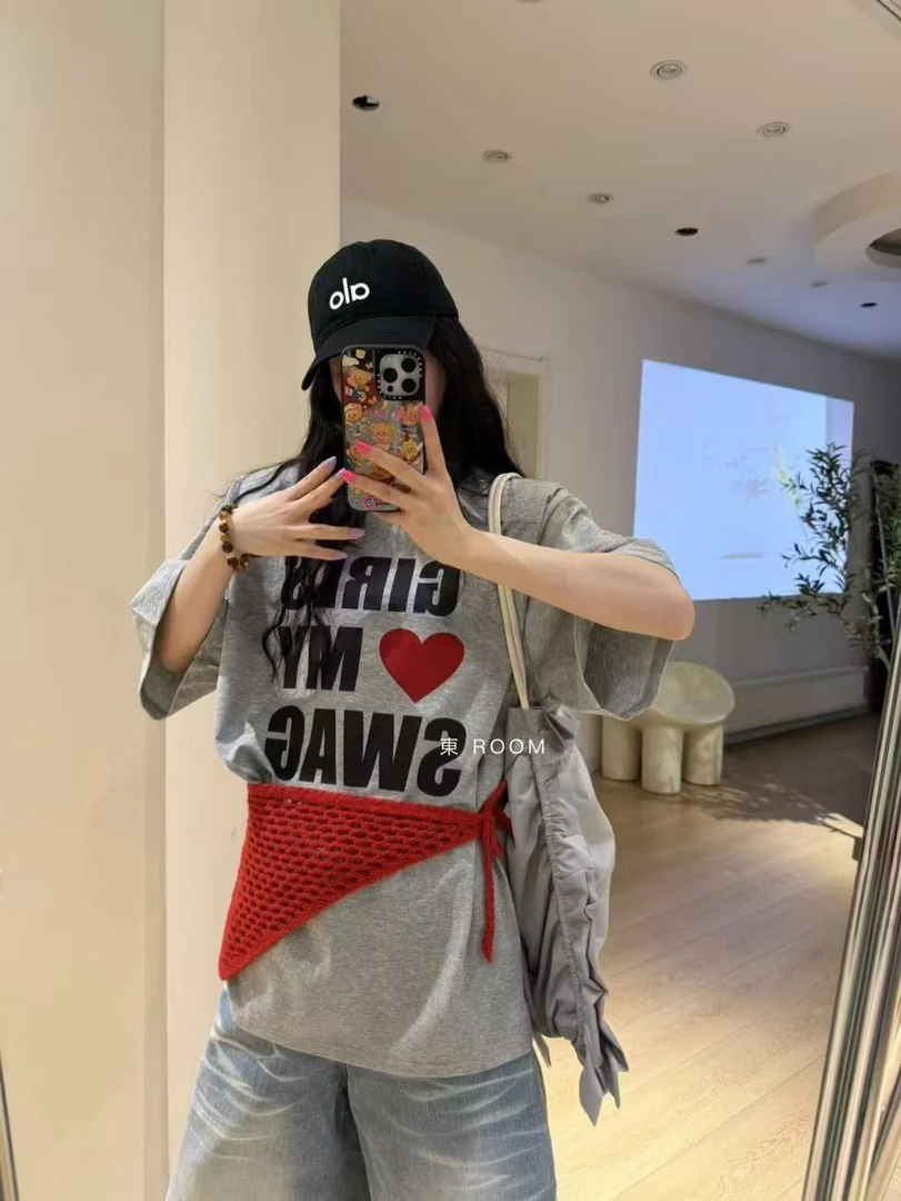 【现货-爱心字母短袖】東room夏季新款韩版百搭款字母垫肩短袖T恤女