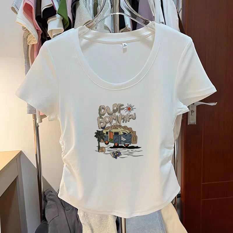 大尺码胖mm巨显瘦抽褶设计感短袖T恤女夏季2025新款韩系修身U领上