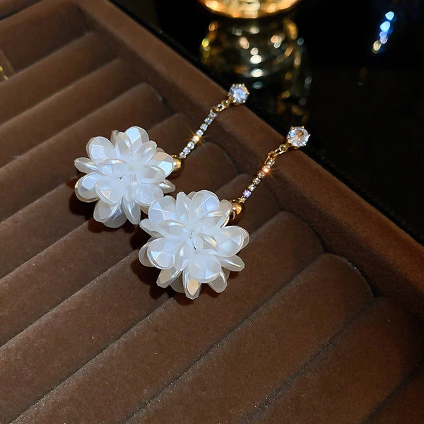 足银仿珍珠耳饰 银针花朵编织流苏耳环创意时尚耳钉轻奢手工耳饰