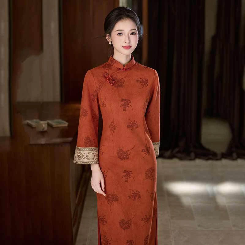 橘色国风中式秋季长袖旗袍显瘦改良年轻款新款女复古修身收腰秋冬