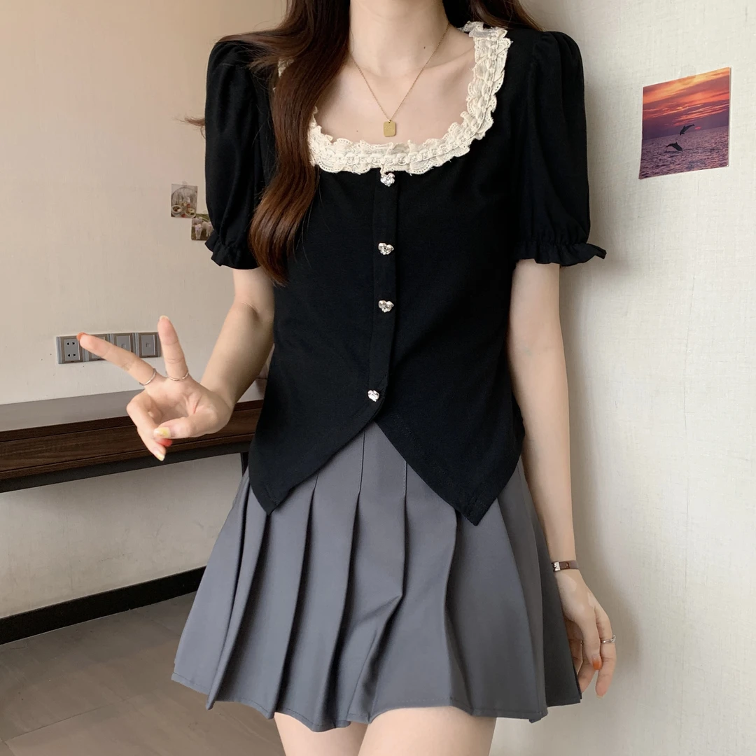 大码法式花边小方领T恤夏季新款胖mm显瘦遮肉减龄黑色上衣女