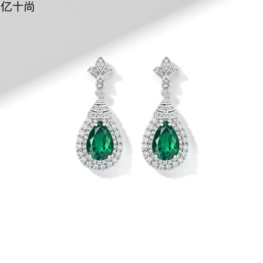 925银合成锆石耳饰 亿十尚三叶水滴祖绿高档耳环轻奢时尚洋气仙美