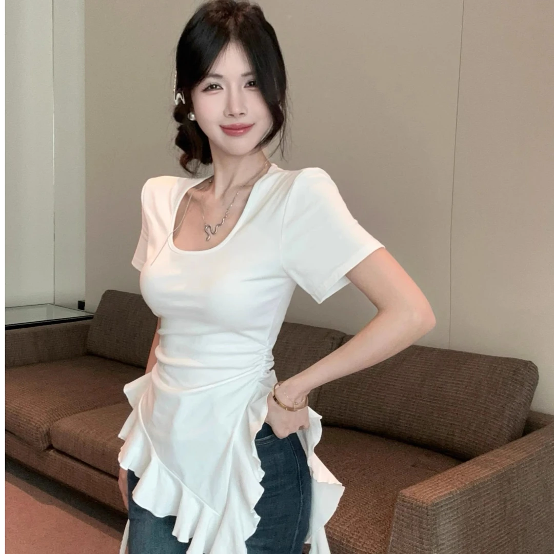 大码胖mm不规则荷叶下摆抽褶短袖t恤女夏季修身显瘦上衣打底衫