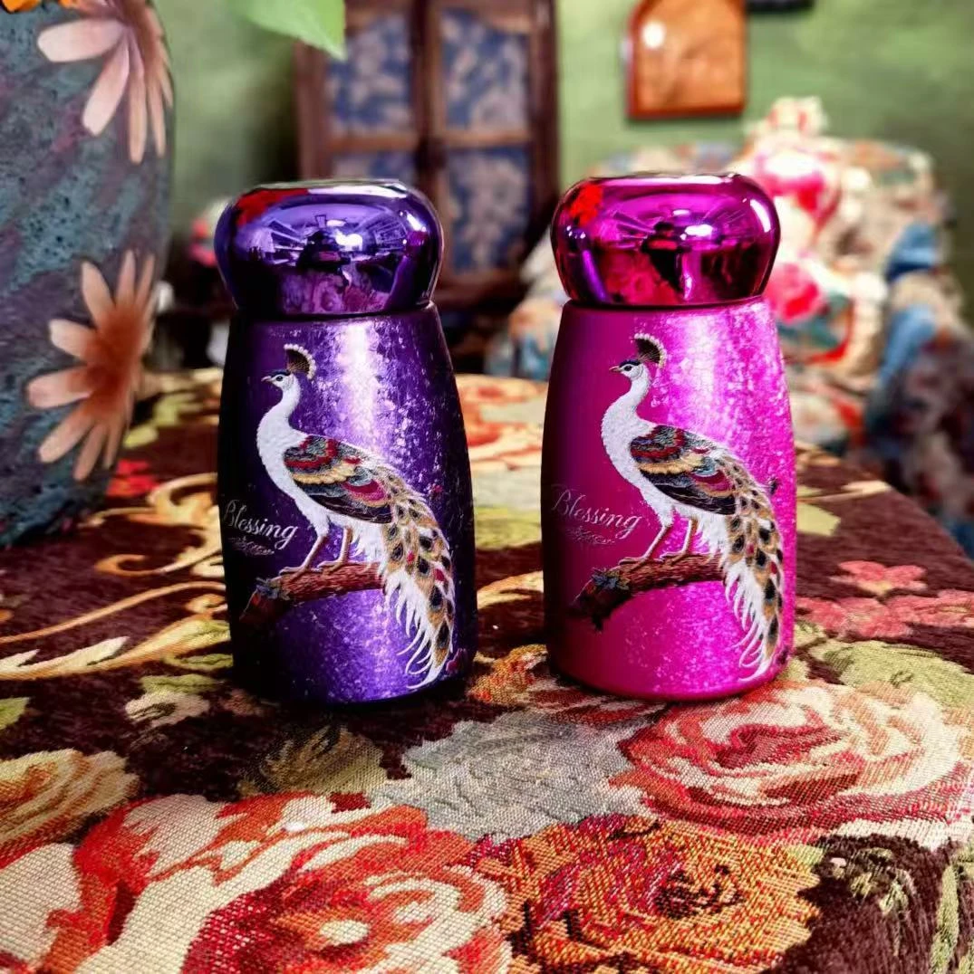 彩绘孔雀高颜值创意蘑菇杯覆钛内胆保温杯小胖丁便携式口袋杯显温