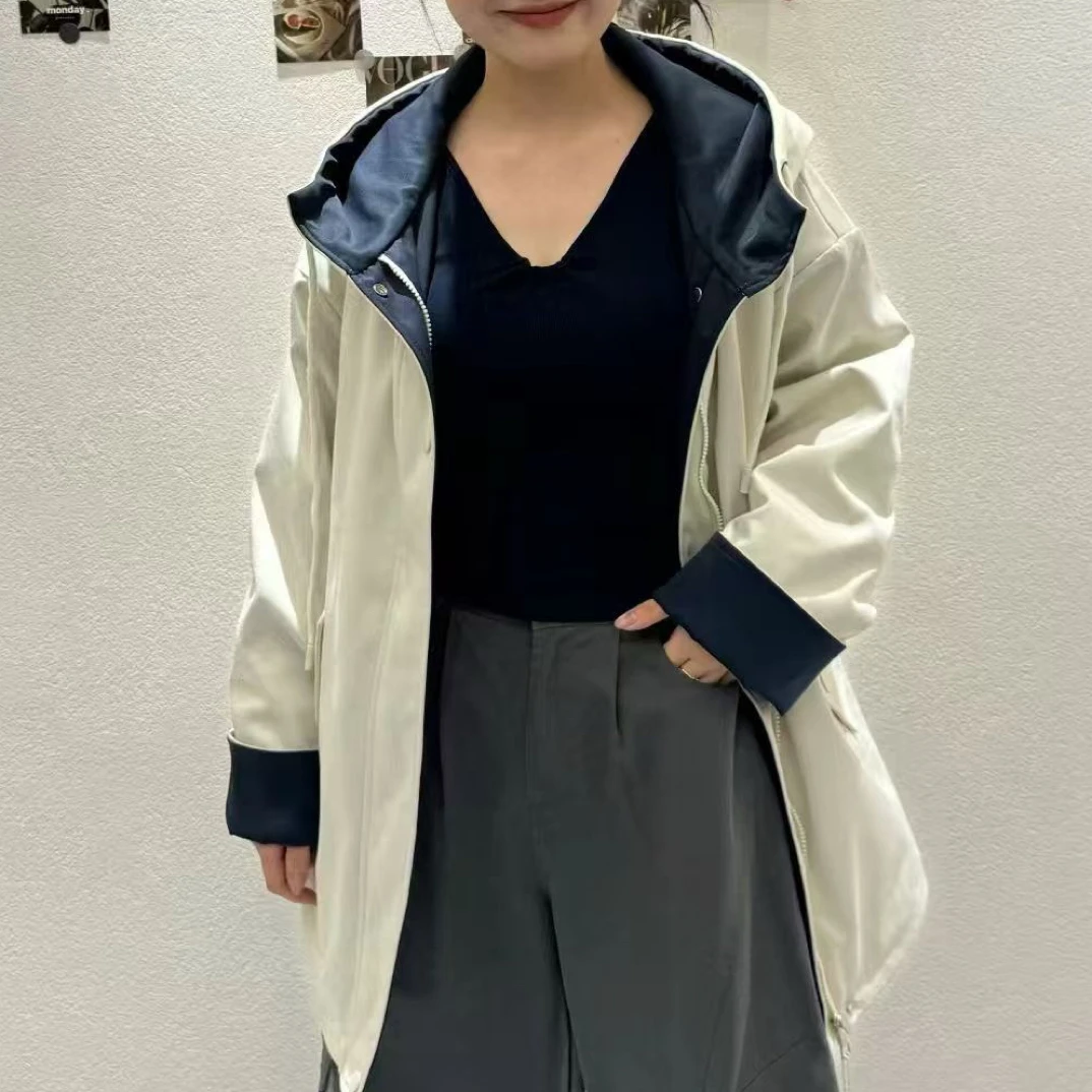 扣号~新款韩系撞色风衣外套女百搭气质连帽大衣宽松休闲上衣潮