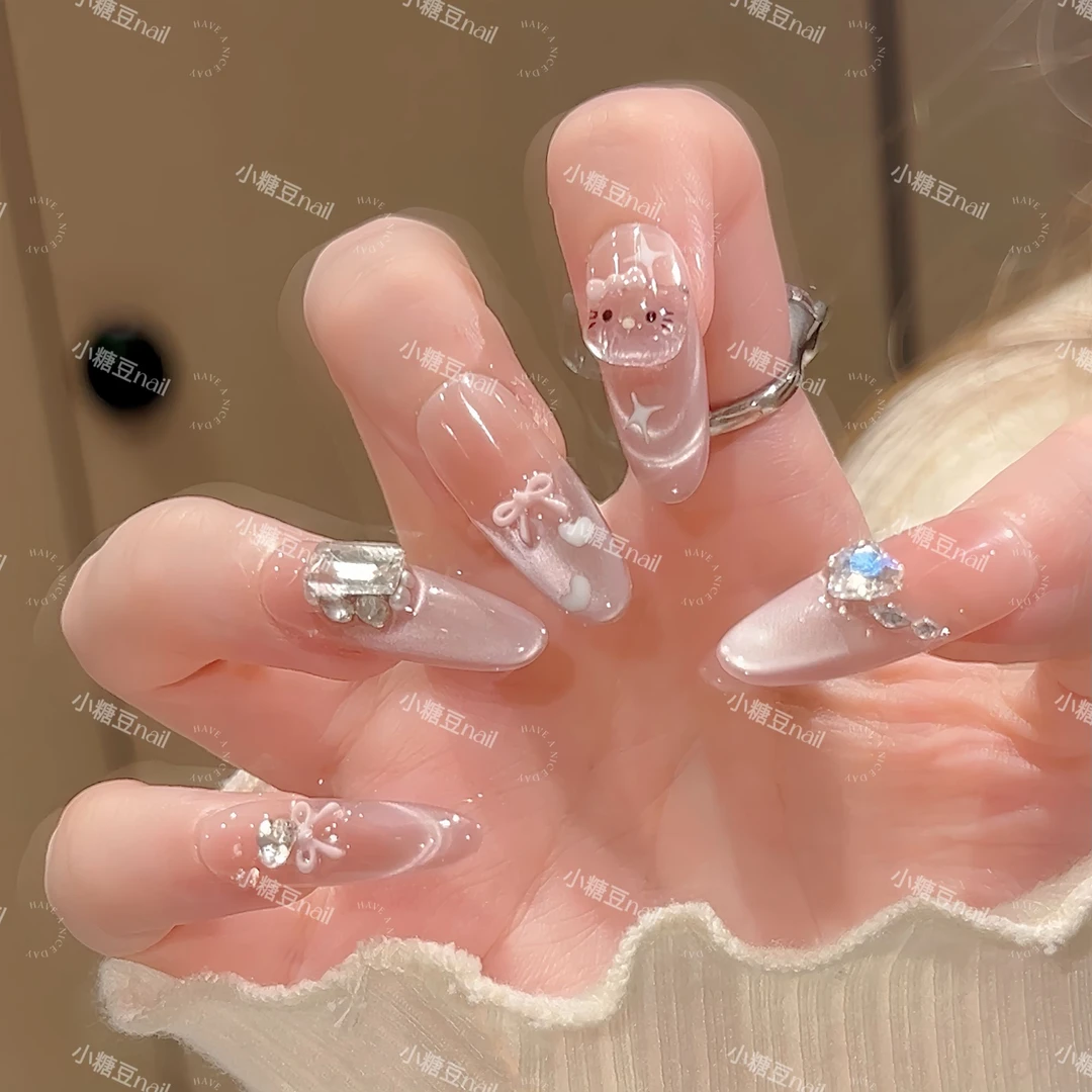 【水晶KT】手工穿戴甲高级纯欲珍珠蝴蝶猫眼显白爆闪贴片美甲