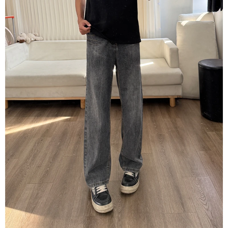 黑灰色水洗渐变竹节纹牛仔裤男款秋季宽松显瘦直筒裤美式高街裤子