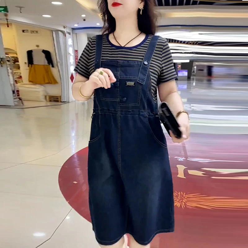 设计感休闲牛仔背带裙套装女2025年夏季新款条纹短袖t恤两件套潮