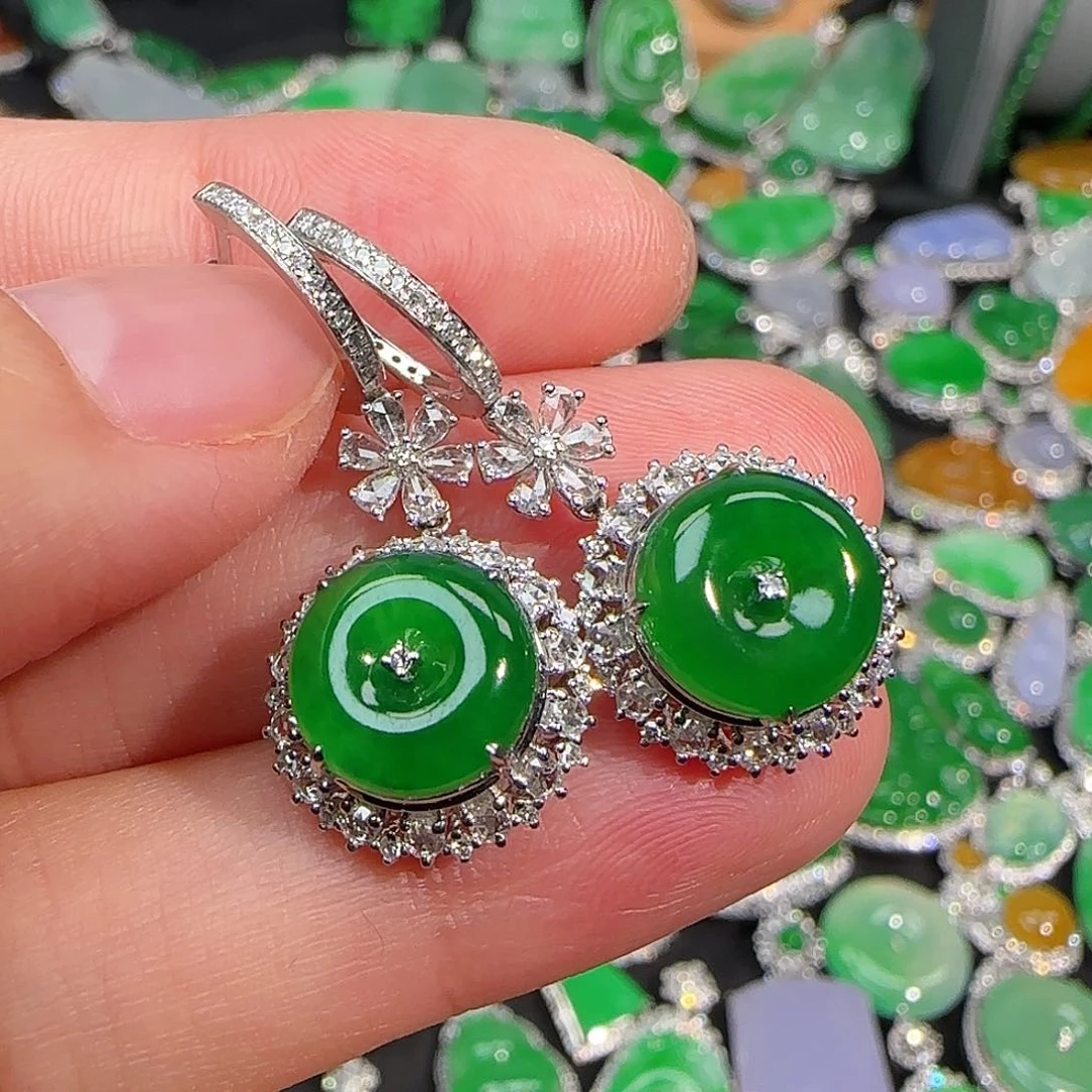 翡翠耳饰18K金镶嵌辣绿平安扣耳包