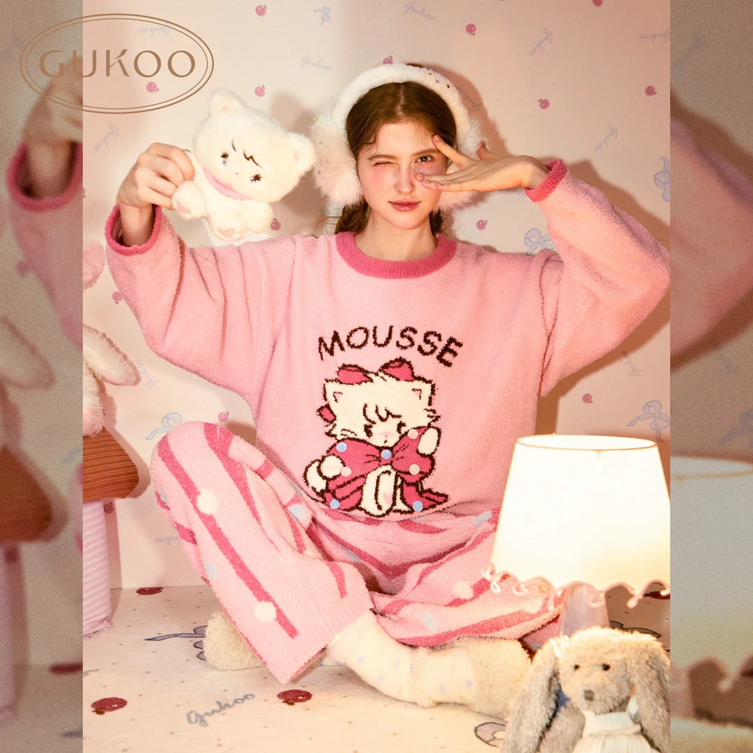 Gukoo/果壳mikko波点条纹睡衣女雪尼尔冬季加厚长袖家居服套装