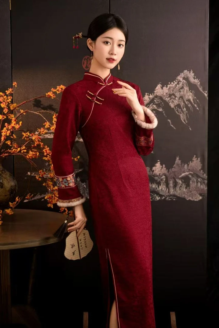 【好运连连冬款】中国风中式婚庆气质冬季红色加绒旗袍显瘦时尚A8