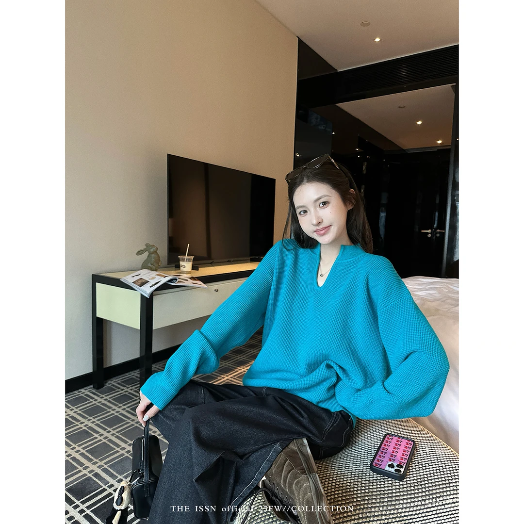 THEISSN宁司 华夫格套头毛衣女早秋新款宽松显瘦针织衫 01390