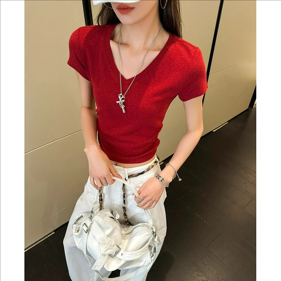 动感少女v领正肩短袖t恤女夏季新款休闲韩版百搭收腰修身上衣