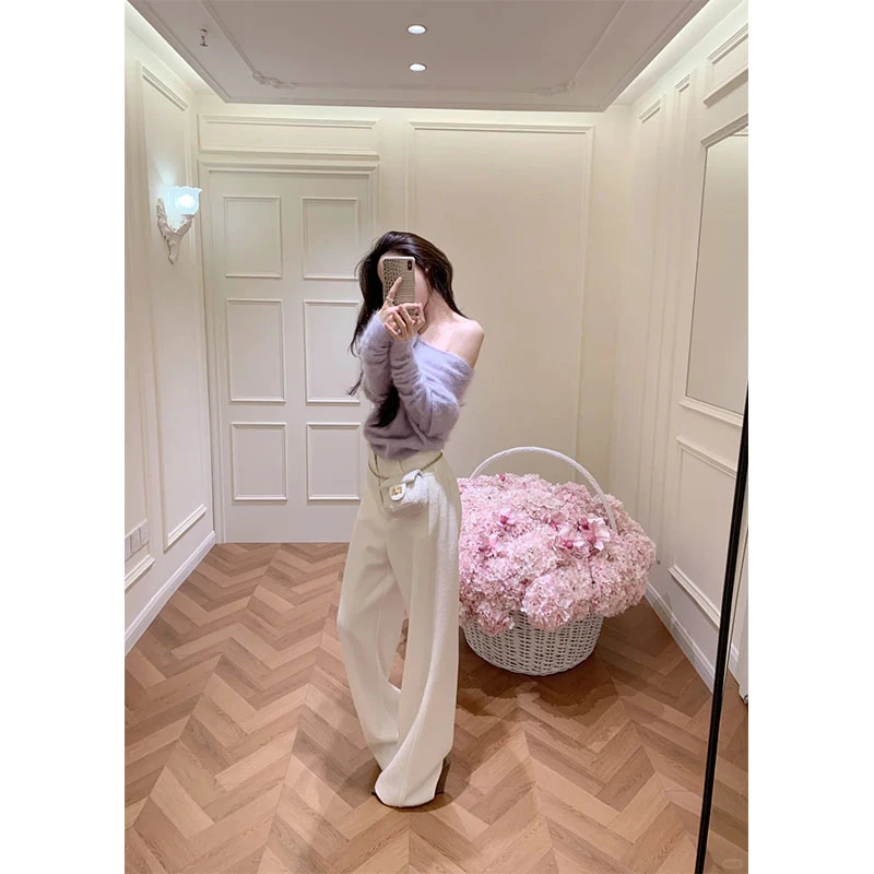 2025秋季新款修身显瘦网红穿搭针织露肩上衣休闲简约直筒长裤套装