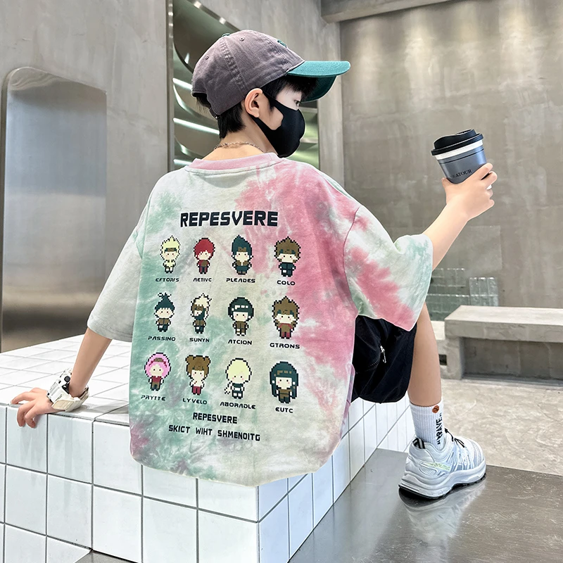 男童短袖夏季薄款扎染洋气2025中大童休闲韩版半袖宽松儿童上衣潮