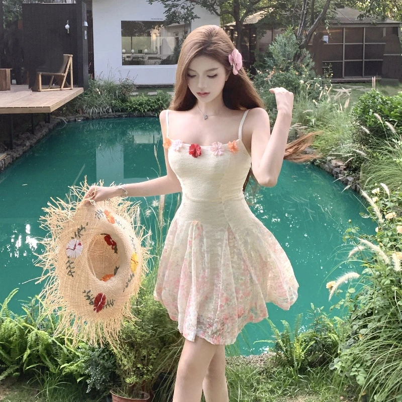 繁花人鱼 法式吊带碎花显瘦连衣裙伞摆设计感夏季甜美漂亮小裙子