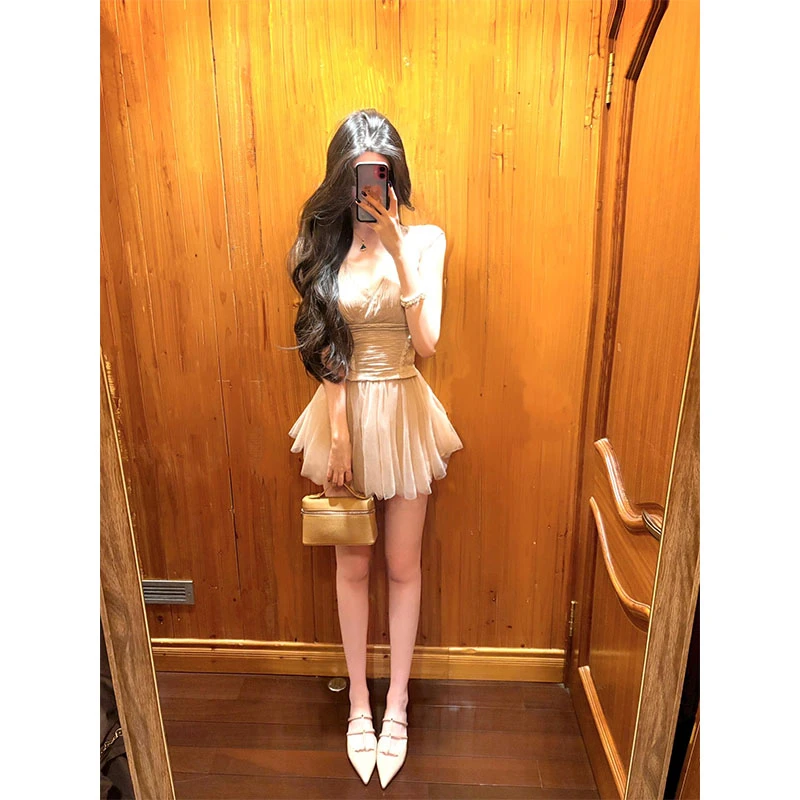 韩系甜美休闲百搭时尚设计感V领蕾丝上衣女收腰显瘦性感网纱裤裙