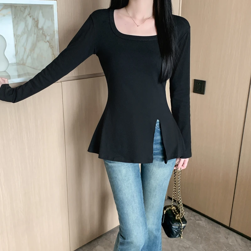 1022-t恤女长袖开叉早秋季2025宽松内搭设计感打底衫黑色小众