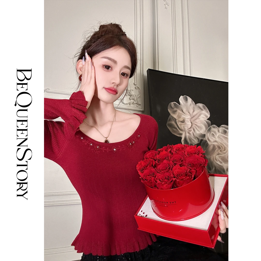 余潇潇【玫瑰花月】宽领口荷叶边修身毛衣轻奢手工订花上衣