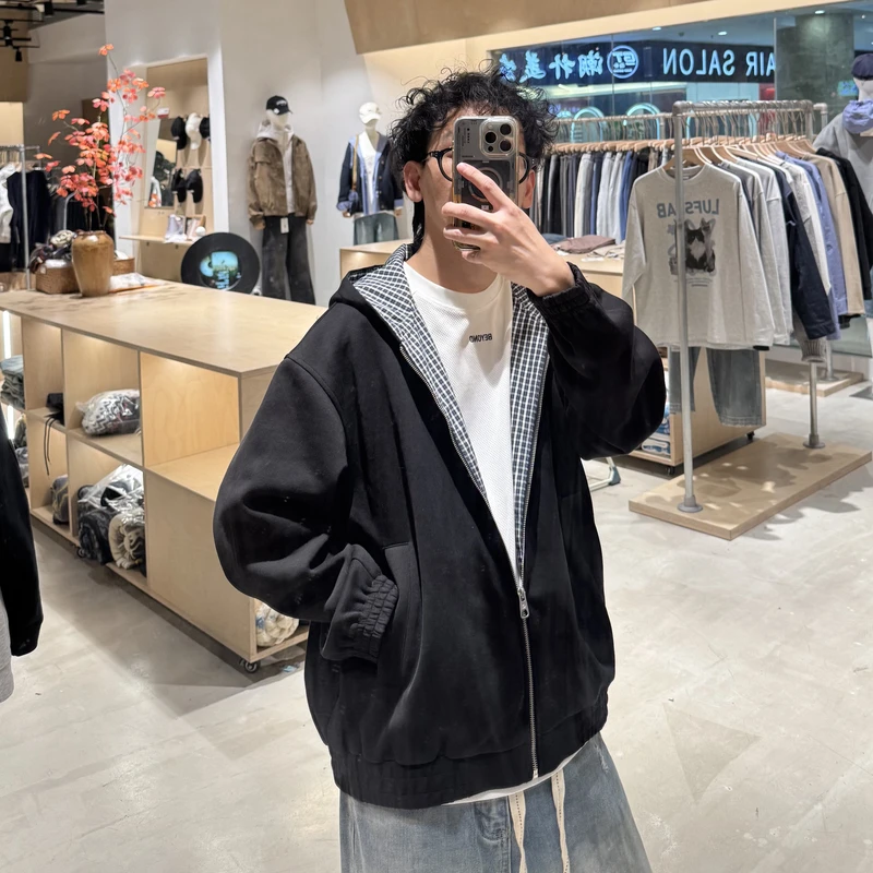 日系叠穿假两件设计连帽卫衣情侣休闲夹克 LF25268