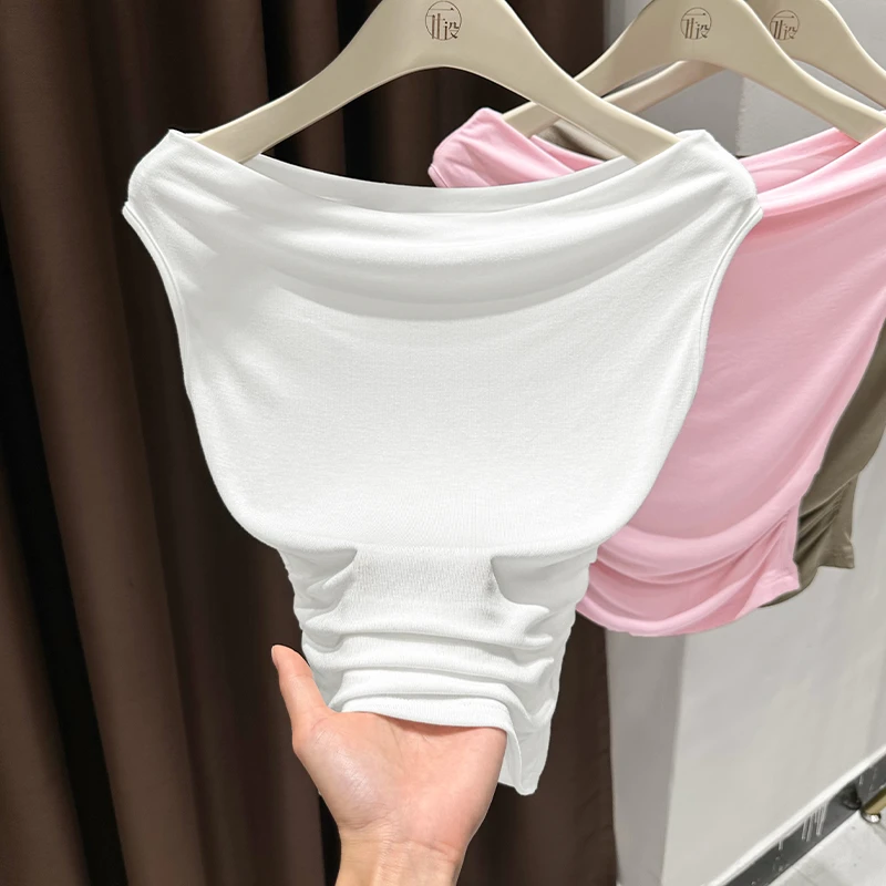 白色一字领无袖漏肩针织上衣女2025夏季收腰显瘦T恤莫代尔打底衫