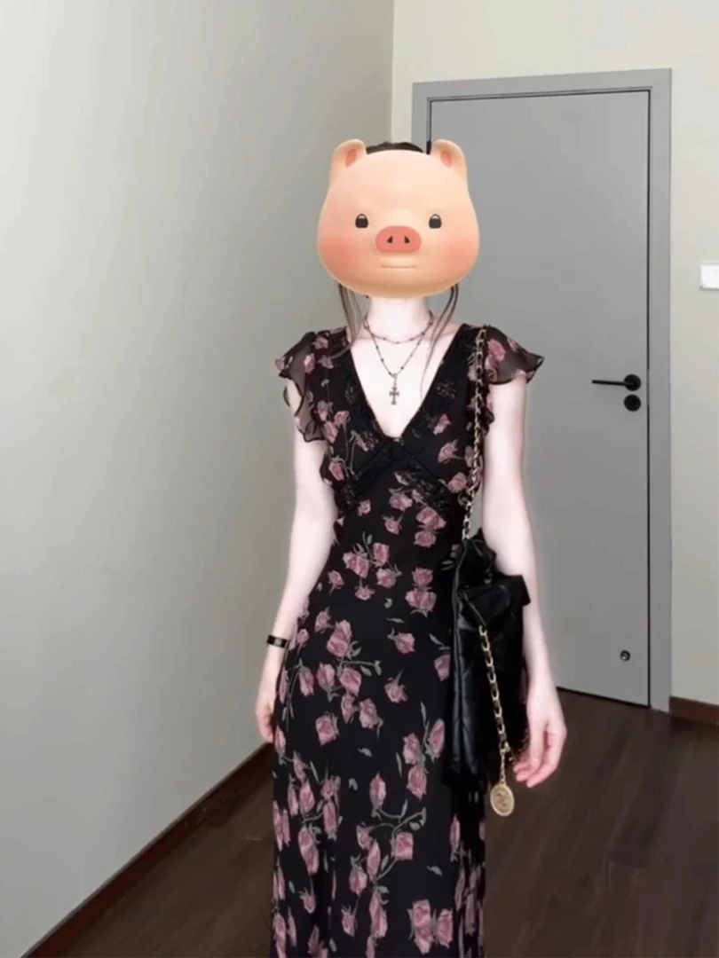 微胖法式复古玫瑰印花V领连衣裙女25年夏收腰显瘦小飞袖长裙3298#