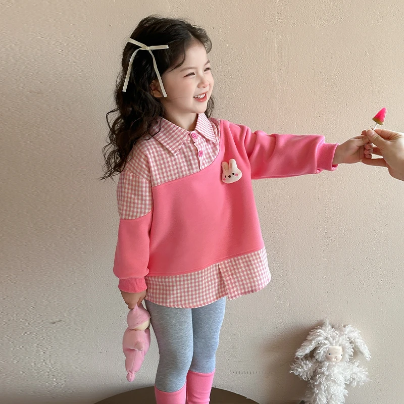 女童春季假两件蝴蝶结卫衣套装新款洋气时尚拼色打底裤格子两件套