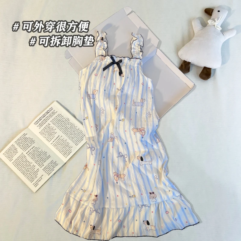 夏季新款中长款睡衣甜美少女腊肠狗薄款印花睡裙带胸垫吊带睡衣
