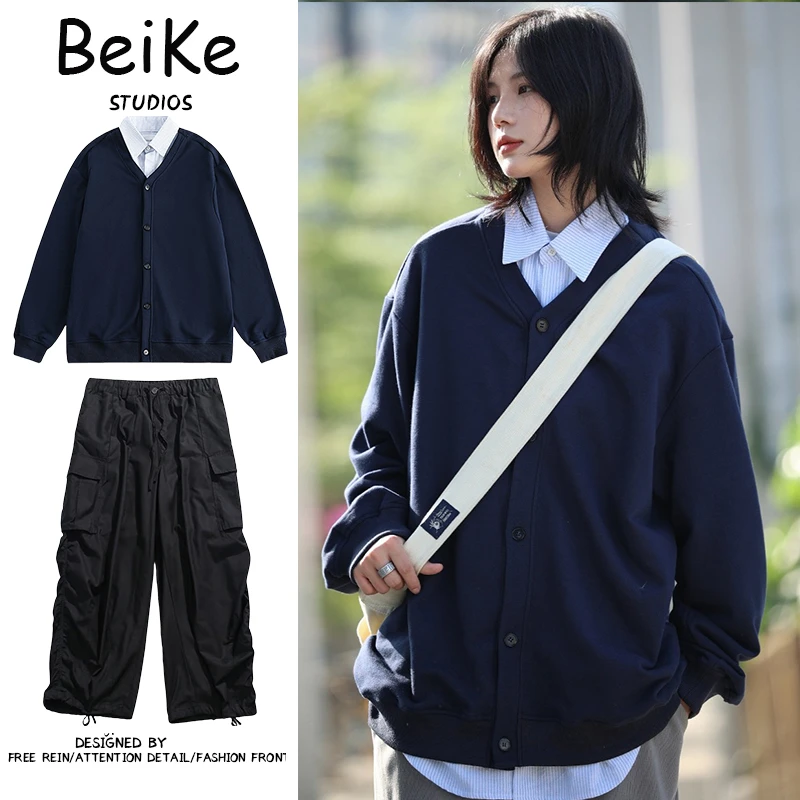 两件装/美式假两件男女秋冬宽松开衫学生日系慵懒风秋冬外套男