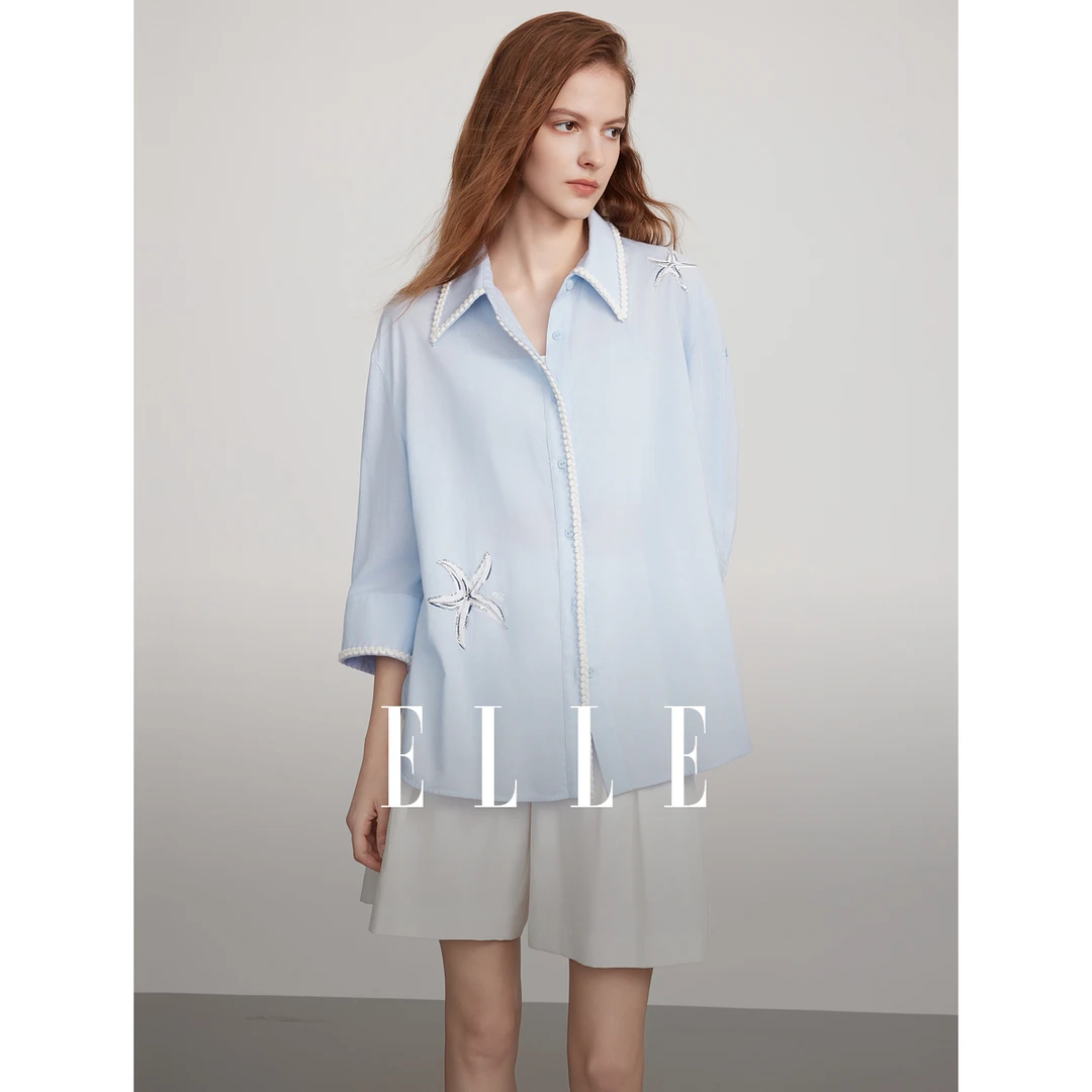 【达人专属】ELLE重工绣花衬衫25夏新款设计感时髦翻领度假EC51667