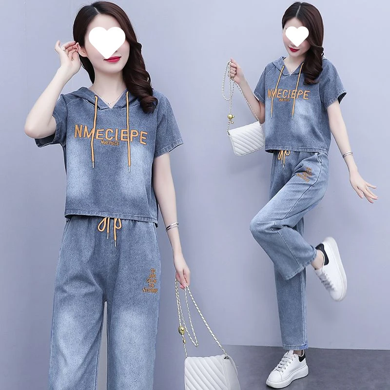 夏天牛仔阔腿裤外套套装韩版大码时尚两件套休闲绣花洋气显瘦穿搭